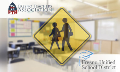 Composite of FTA and Fresno Unified logos with a children walking to school warning sign