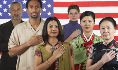 Composite photo immigrants in front of an American flag