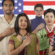 Composite photo immigrants in front of an American flag