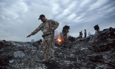 Debris at the crash site of a passenger plane near the village of Grabovo, Ukraine..