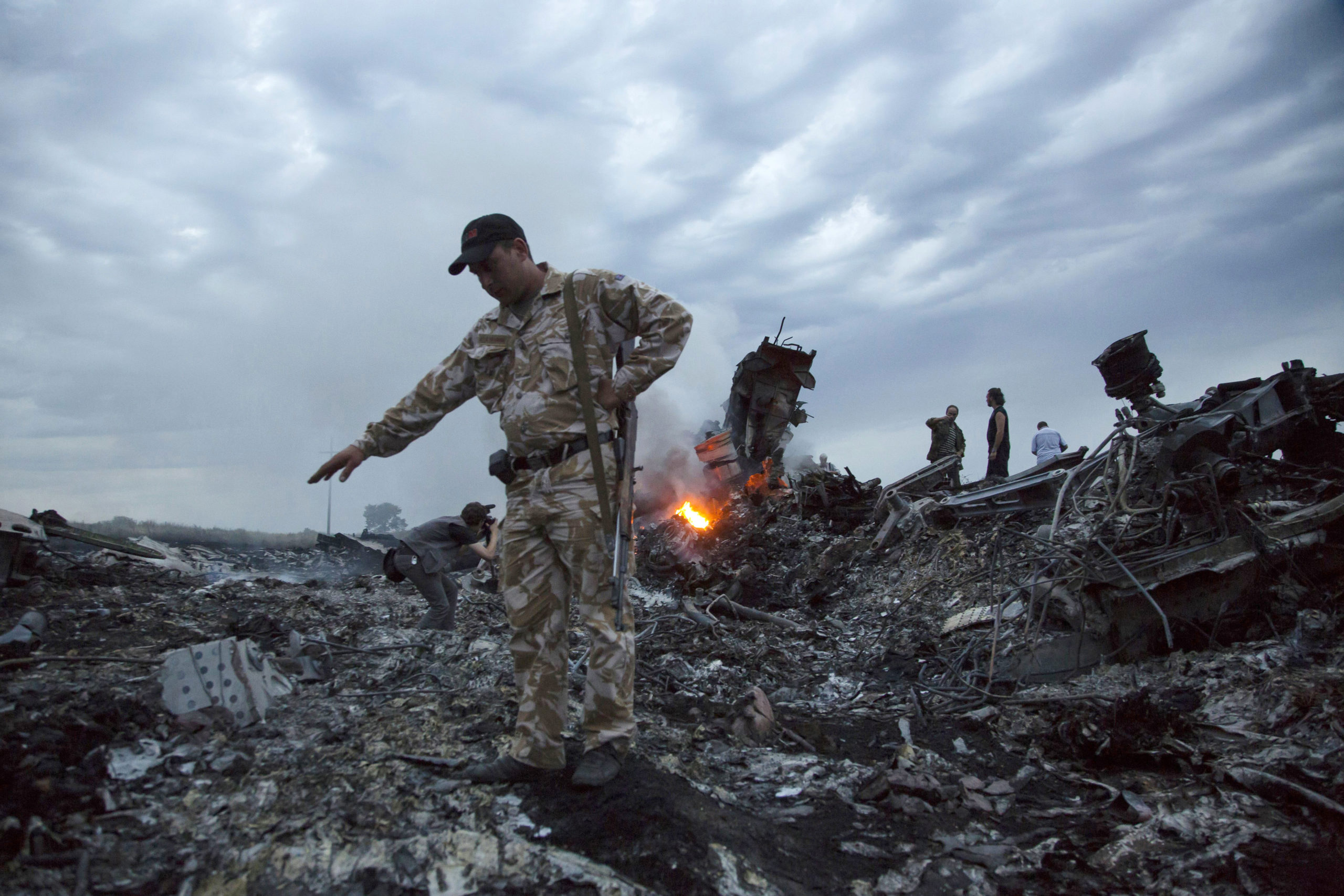 Debris at the crash site of a passenger plane near the village of Grabovo, Ukraine..
