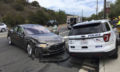 Crashed Tesla and police SUV in Laguna Beach, California