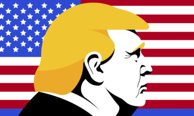 Illustration of President Donald Trump superimposed over U.S. flag illustration.