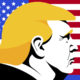 Illustration of President Donald Trump superimposed over U.S. flag illustration.