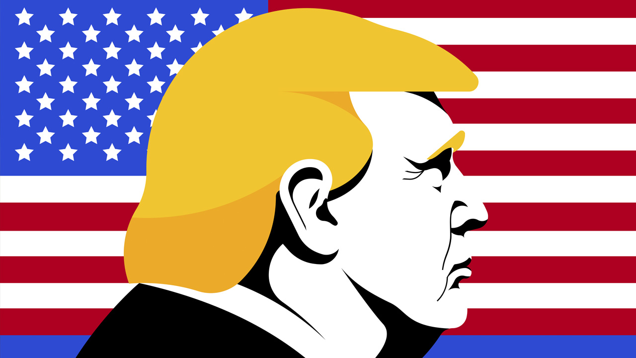 Illustration of President Donald Trump superimposed over U.S. flag illustration.