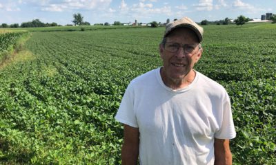 Photo of Farmer Michael Slattery standing in front of his soybean field