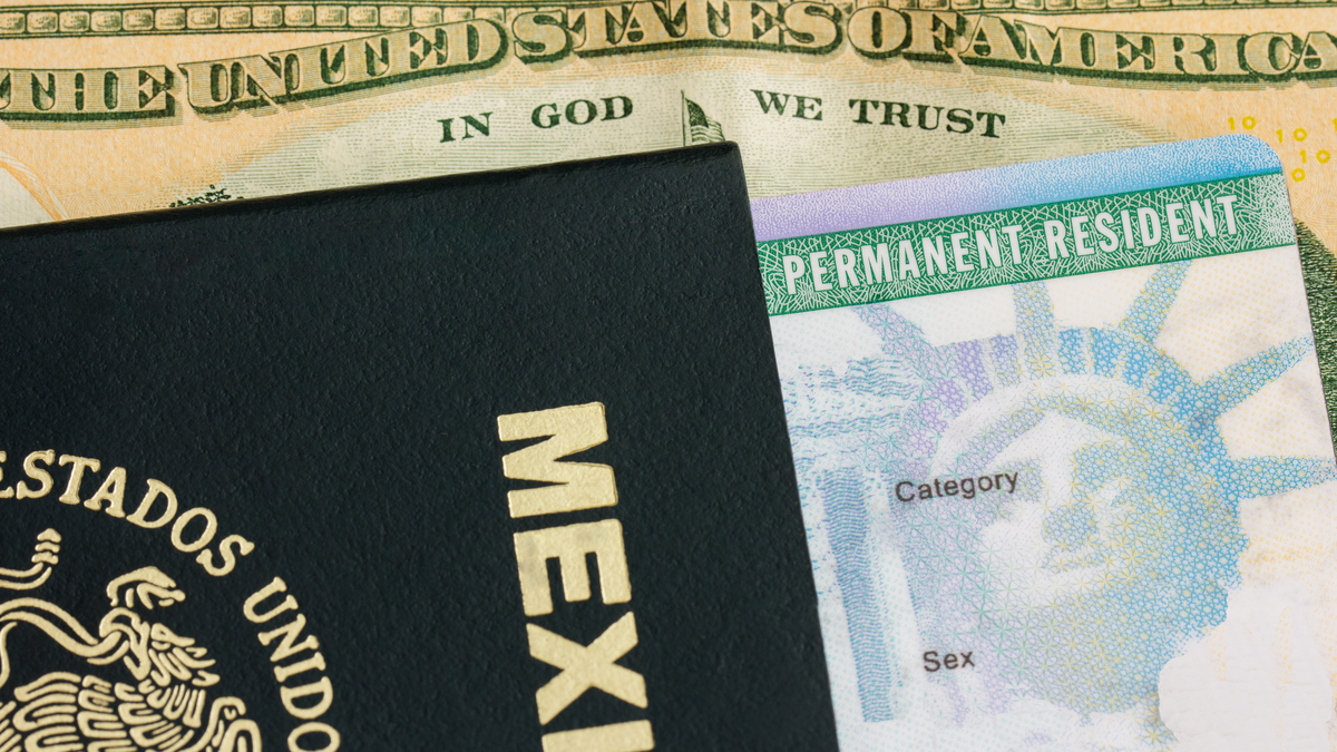 Photo of passport, green card and American money