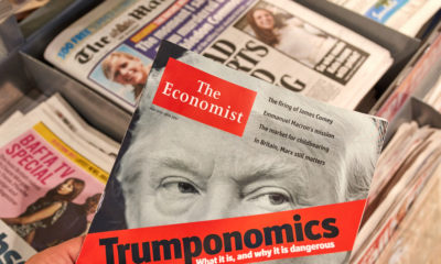 Photo of newstand with a magazine featuring Donald Trump on the cover