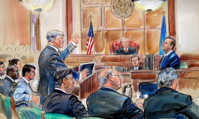 Photo of courtroom sketch of Rick Gates getting questioned by Kevin Downing in Manafort Trial