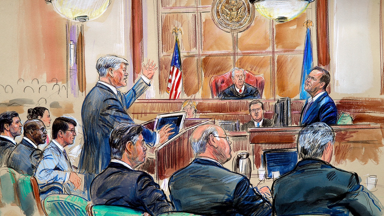 Photo of courtroom sketch of Rick Gates getting questioned by Kevin Downing in Manafort Trial