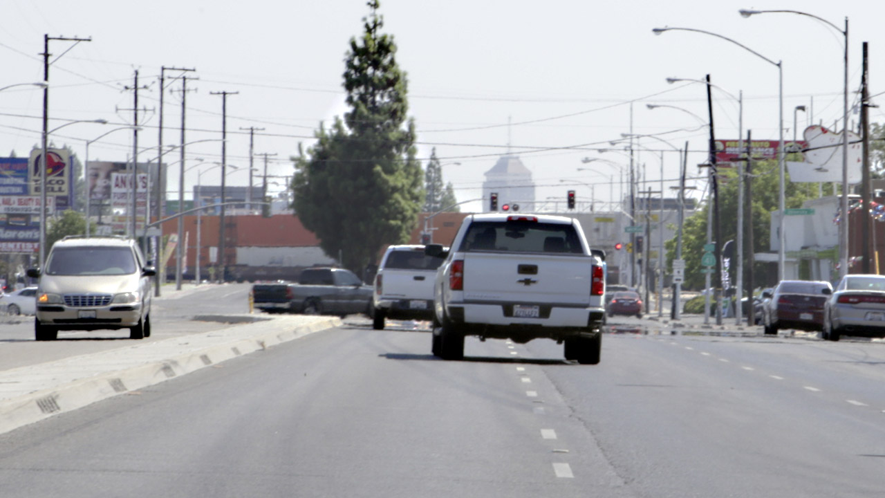 Traffic on Blackstone Avenue with Downtown Fresno in Distance