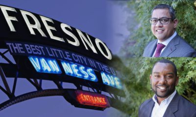 Photo Illustration with city of Fresno sign, and city council candidates Miguel Arias and Tate HIll