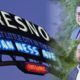 Photo Illustration with city of Fresno sign, and city council candidates Miguel Arias and Tate HIll