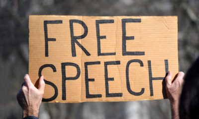 Hands hold up a cardboard "Free Speech" sign at protest rally