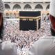 Muslims watching Kaaba in the background of Masjid Al Haram on Jan 28, 2017 in Mecca, Saudi Arabia. Muslims all around the world face the Kaaba during prayer time.