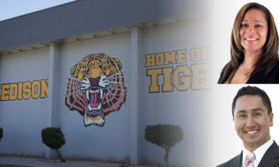 Photo Illustration of Edison High School sign with school board candidates Keshia Thomas and Robert Fuentes