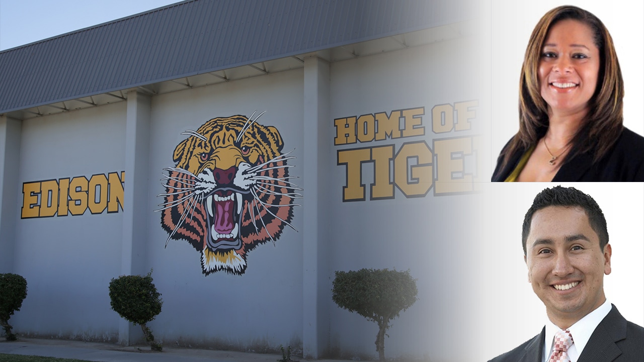 Photo Illustration of Edison High School sign with school board candidates Keshia Thomas and Robert Fuentes