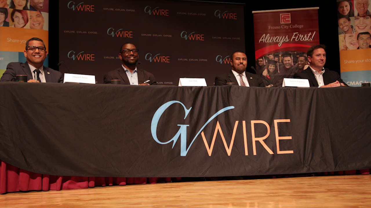 Fresno city council candidates appear on stage in a forum hosted by GV Wire