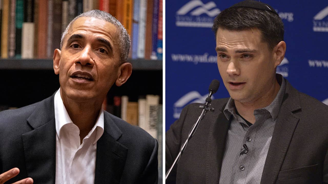 Portraits of President Barack Obama and conservative commentator Ben Shapiro