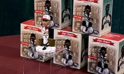 Photo of bobbleheads of former Negro League pitcher Satchel Paige of the Kansas City Monarchs