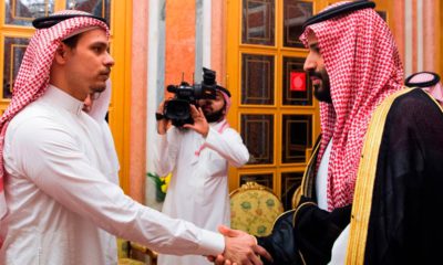 Photo of Crown Prince Mohammed bin Salman, right, shaking hands with Salah Khashoggi, son of Jamal Khashoggi
