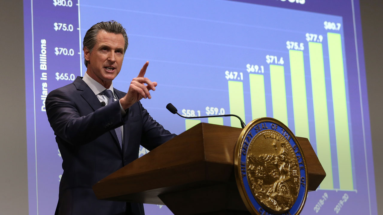 Photo of Gavin Newsom talking about California budget