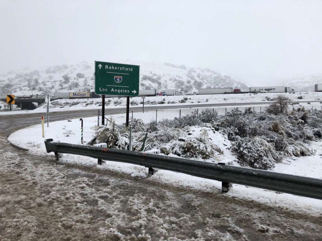 Photo of snow on the Grapevine highway in California