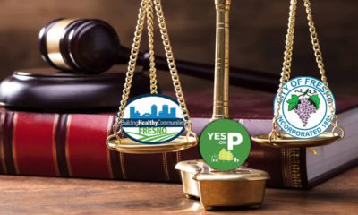 Illustration of scales of justice with city of Fresno and Measure P logos