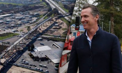 Composite photos of high-speed rail construction in south Fresno and Gov. Gavin Newsom