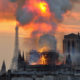 Flames and smoke rise from the blaze at Notre Dame cathedral in Paris on Monday.