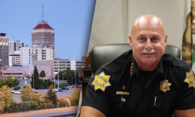 Composite photo illustration of downtown Fresno and police chief Jerry Dyer