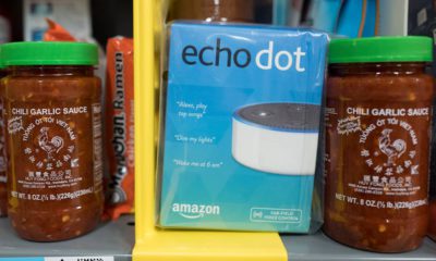 Photo of Amazon Echo Dot in an Amazon warehouse