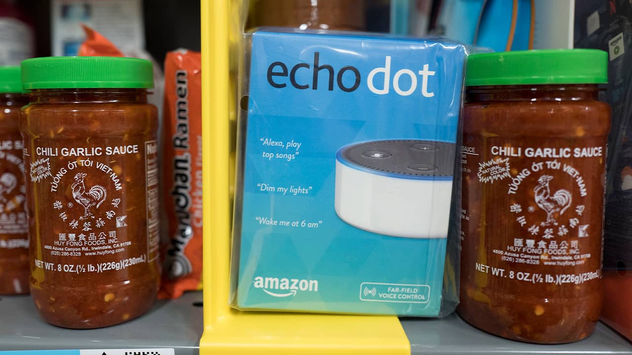 Photo of Amazon Echo Dot in an Amazon warehouse