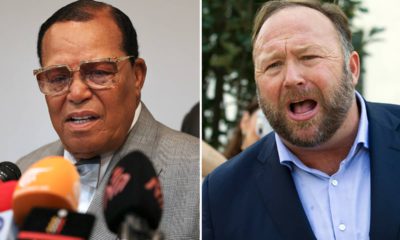 Photo of Louis Farrakhan, the leader of the Nation of Islam, in Tehran, Iran, on Nov. 8, 2018, left, and conspiracy theorist Alex Jones in Washington