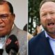 Photo of Louis Farrakhan, the leader of the Nation of Islam, in Tehran, Iran, on Nov. 8, 2018, left, and conspiracy theorist Alex Jones in Washington
