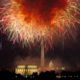 Photo of fireworks exploding over Lincoln Memorial, Washington Monument and U.S. Capitol