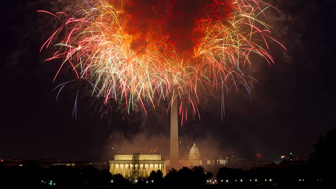 Photo of fireworks exploding over Lincoln Memorial, Washington Monument and U.S. Capitol