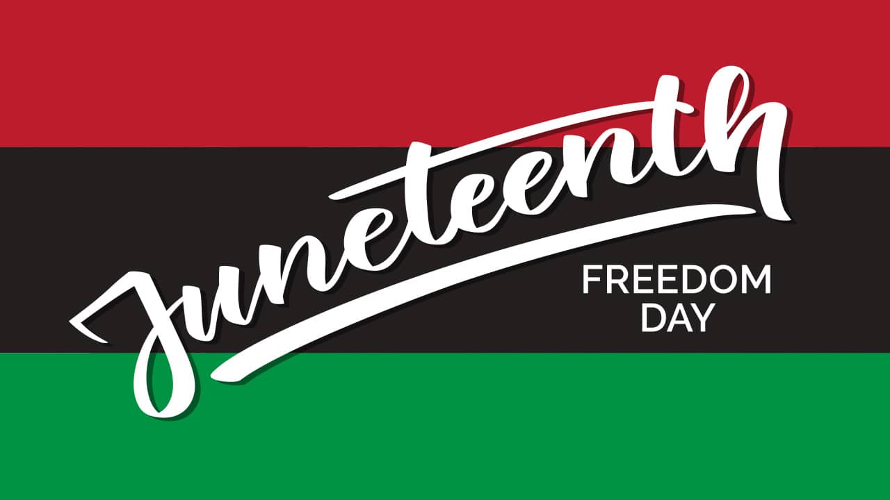 Red, black and green banner with the words "Juneteenth Freedom Day"Blac