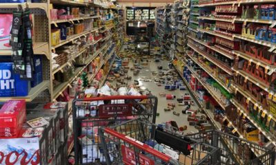 Photo of grocery store merchandise knocked off shelves following Fourth of July earthquake in California