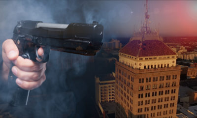 Composite photo of a handgun and downtown Fresno