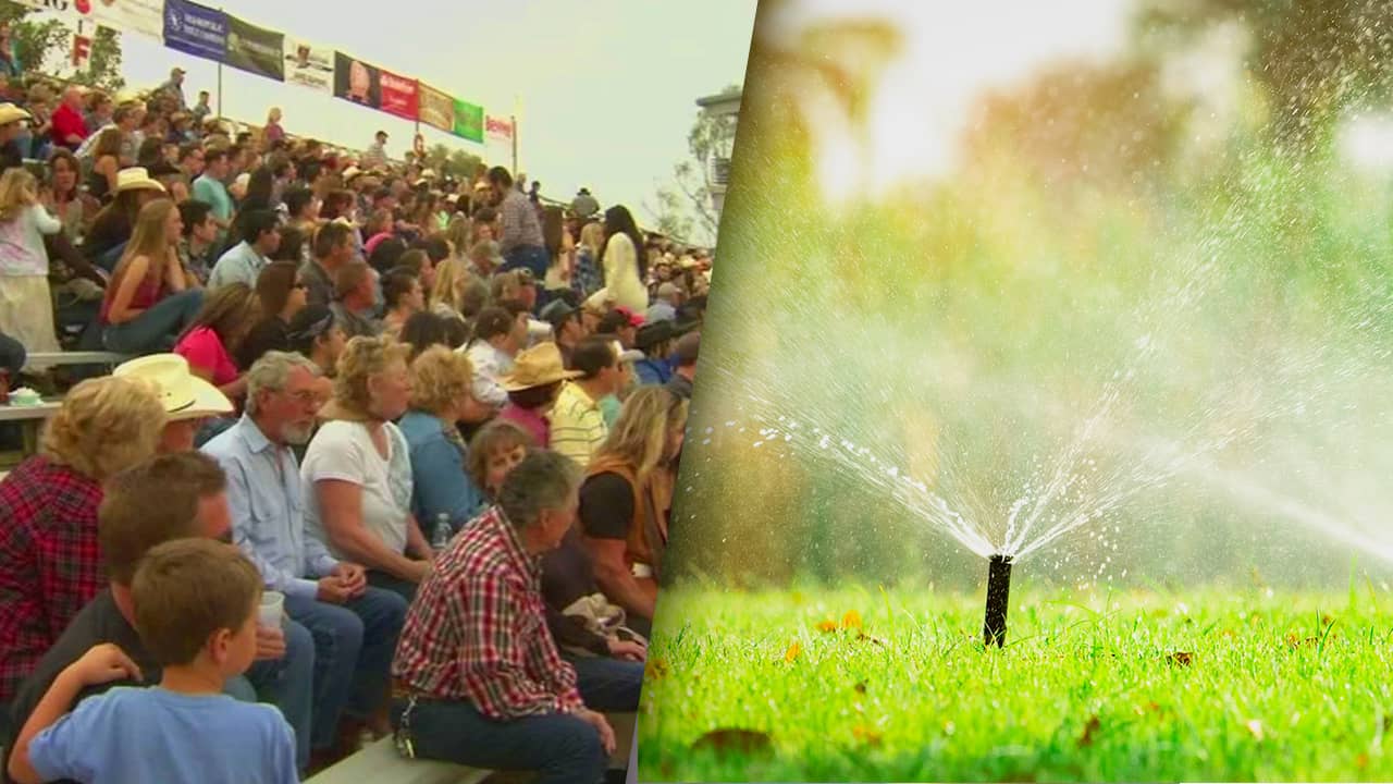 Composite of a large gathering of Clovis residents and a lawn sprinkler illustrating water for future growth