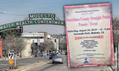 Composite of downtown Modesto and Straight Pride rally flyer