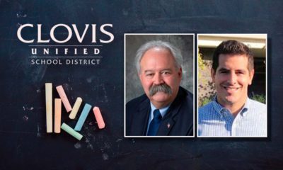 Composite of Clovis Unified logo, trustee Brian Heryford and trustee candidate Jonathan Holt