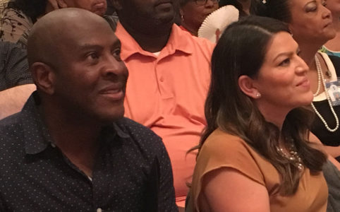 Terance Frazier (left) and Fresno councilwoman Esmeralda Soria (right) listen to a speech by Cornel West at Fresno City College on Aug. 27, 2019 (GV Wire/David Taub)