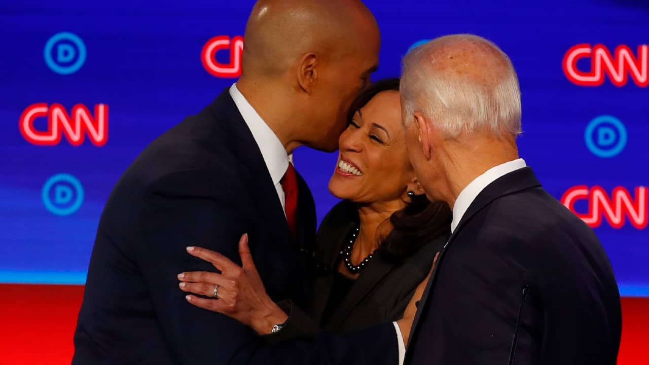 Photo of Cory Booker, Kamala Harris, and Joe Biden