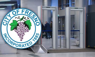 Composite of two security entry points and the city of Fresno logo