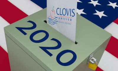 Composite of Clovis Unified logo and a 2020 ballot box