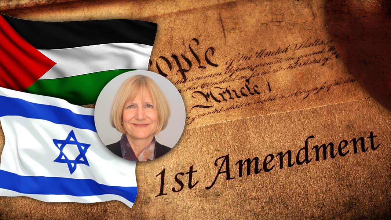 Collage of the First Amendment, Palestinian and Israeli flags, and a portrait of Alison Weir