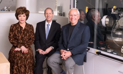 Photo of the Resnicks with Caltech President Thomas F. Rosenbaum