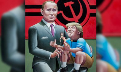 Painting of Donald Trump on Vladimir Putin's knee